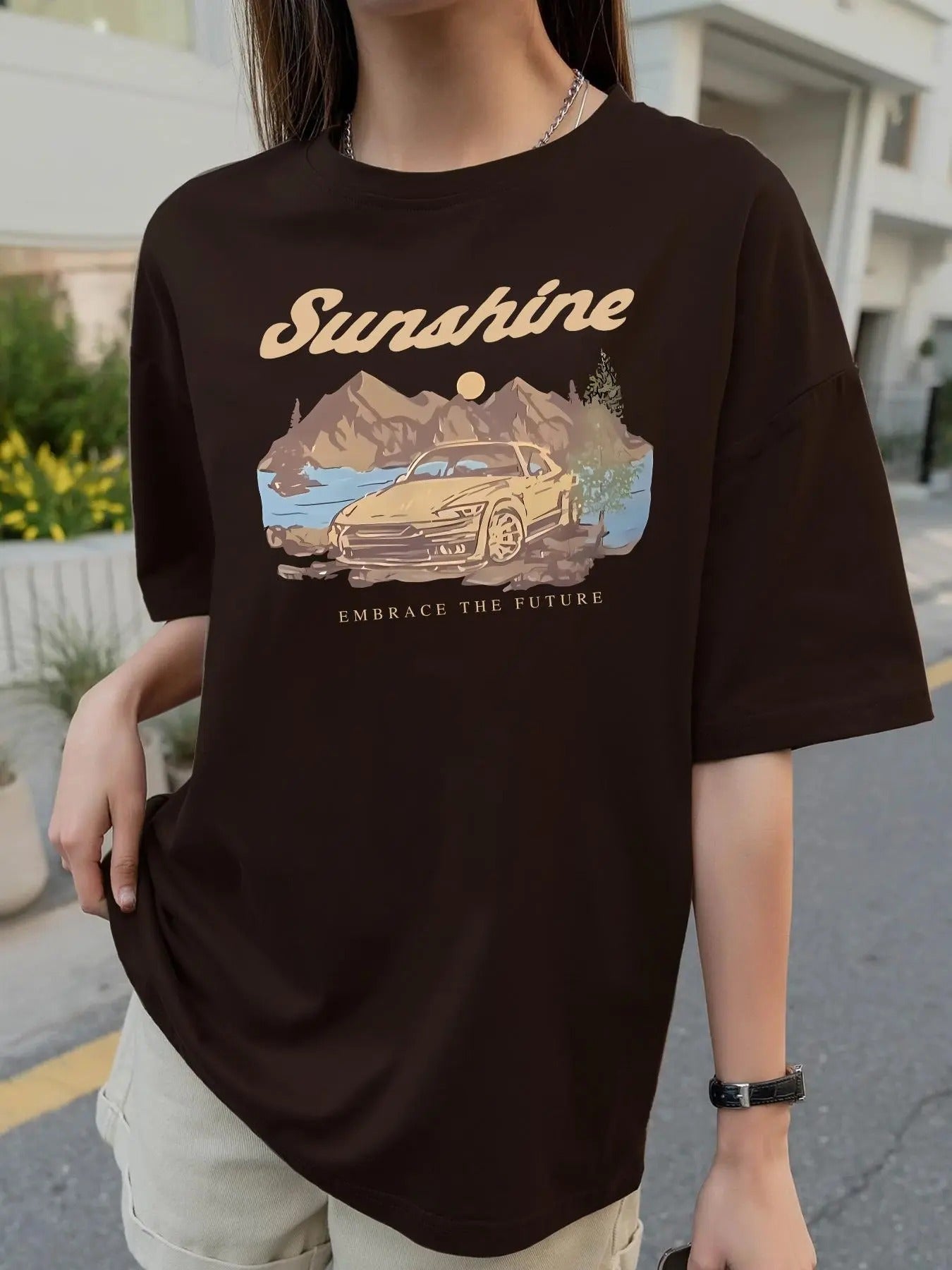 Unisex'WB shield Landscape & Car Print Round Neck Tee, Casual Half Sleeve T-shirt for Daily Wear, Unisex'WB shield Tops...
