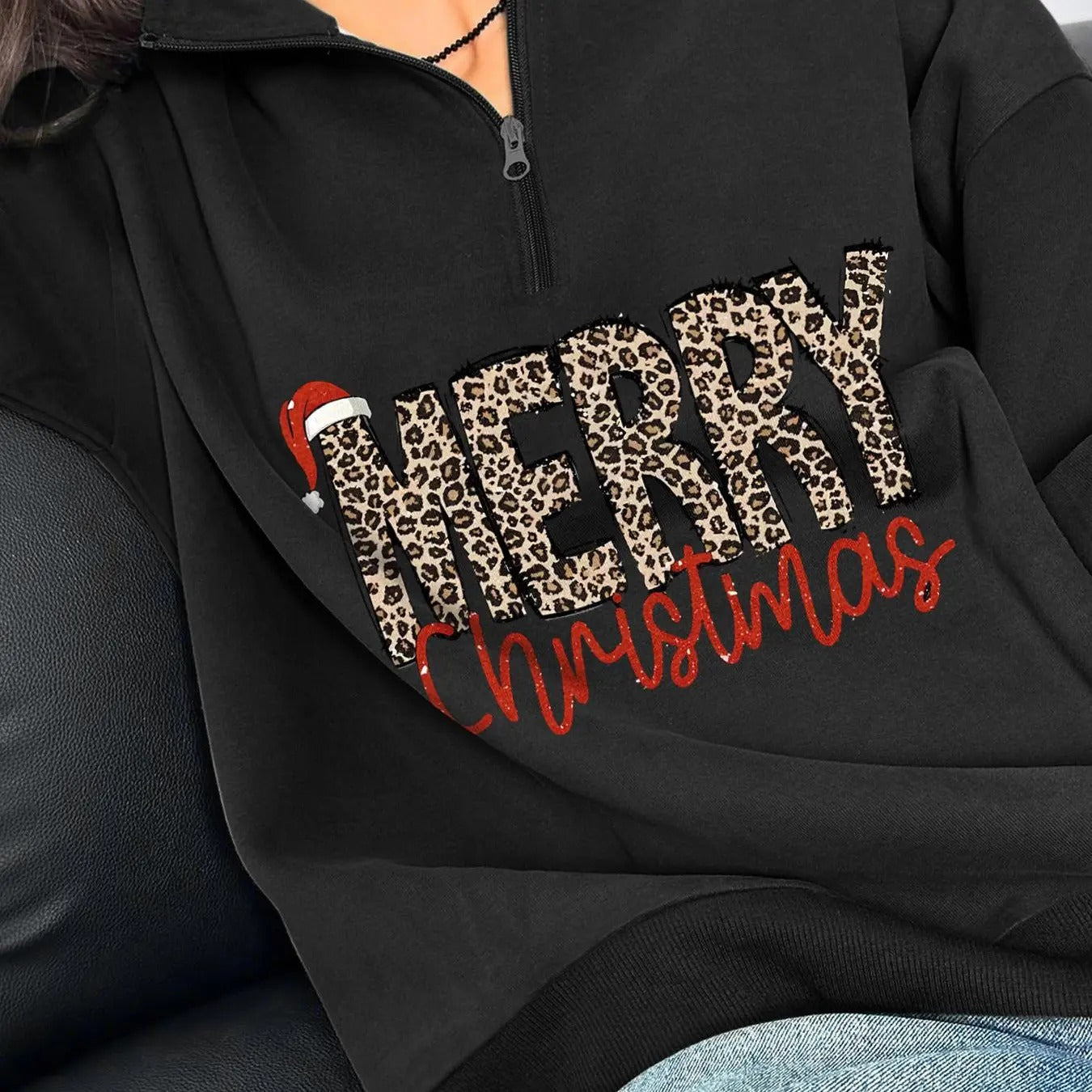 Unisex'WB shield Leopard Letter & Santa Hat Print Half Zip Drop Shoulder Sweatshirt, Street Long Sleeve Stand Collar...