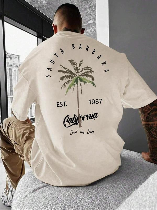 Unisex'WB shield Letter & Palm Tree Print Drop Shoulder Tee, Regular Fit Casual Comfy Round Neck Half Sleeve T-Shirt for...