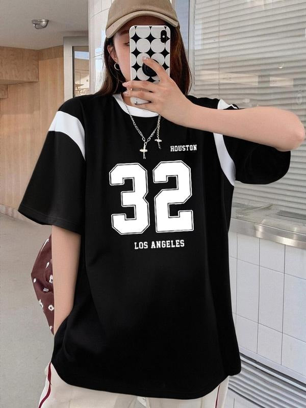 Unisex'WB shield Number Print Round Neck Tee, Casual Loose Letter Graphic Short Sleeve T-shirt for Summer, Fashion...