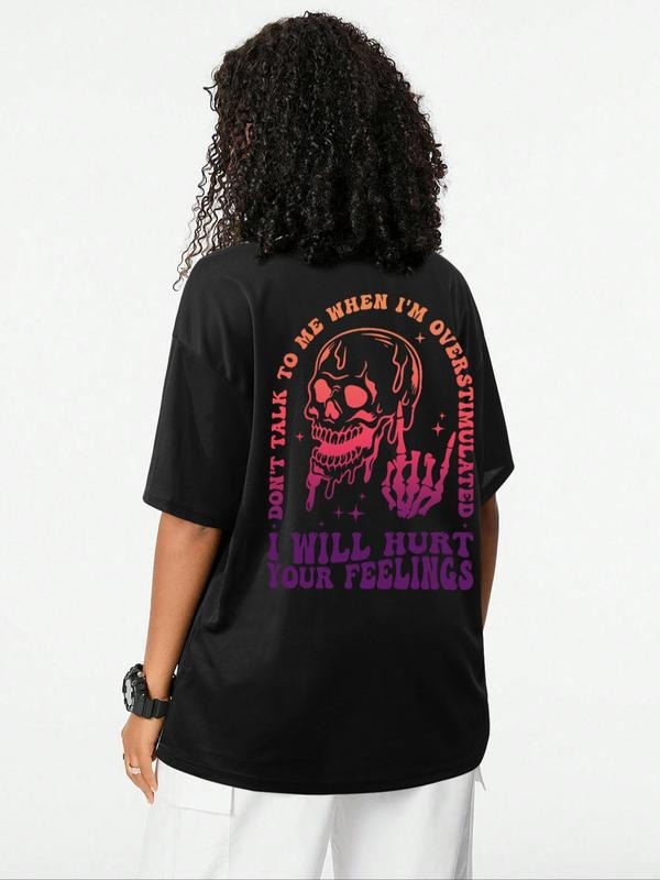 Unisex'WB shield Skull Print Curved Hem Tee, Casual Loose Letter Graphic Short Sleeve T-shirt for Summer, Women'WB shield...
