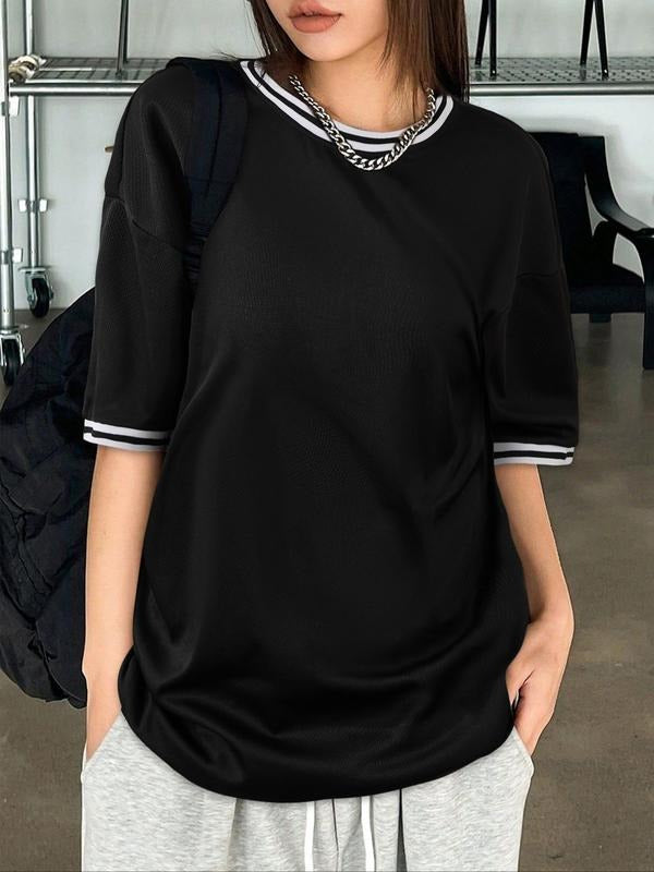 Unisex'WB shield Striped Trim Round Neck Tee, Casual Fashion Breathable Short Sleeve T-shirt for Summer, Women'WB shield...