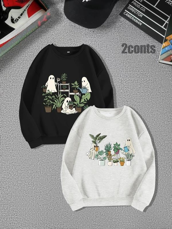 Unisex Women'WB shield Cartoon Ghost & Plants Print Drop Shoulder Warm Sweatshirt, Casual Long Sleeve Round Neck Pullover...