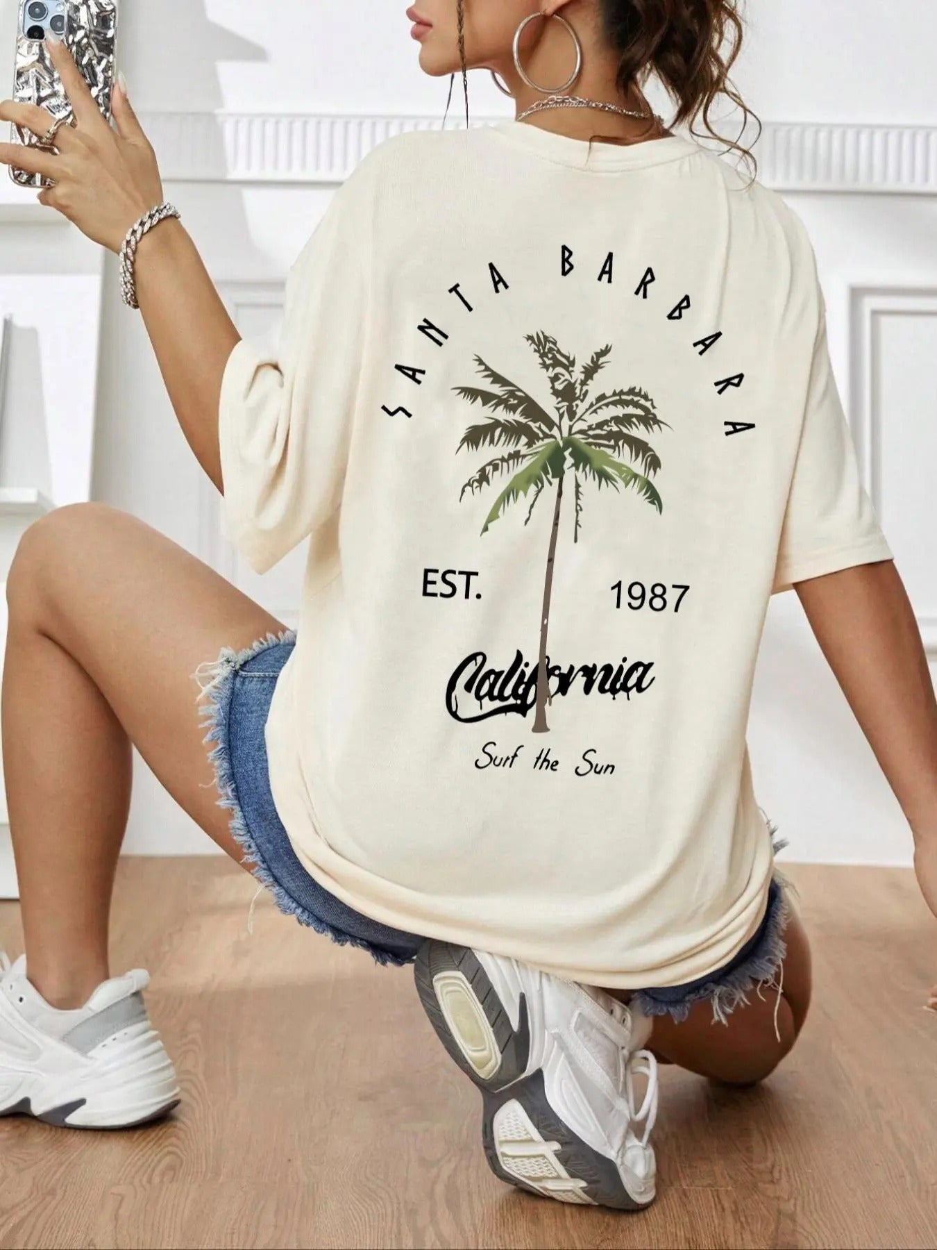 Unisex Women'WB shield Letter & Palm Tree Print Round Neck Tee, Trendy Casual Drop Shoulder Half Sleeve T-shirt for Daily...