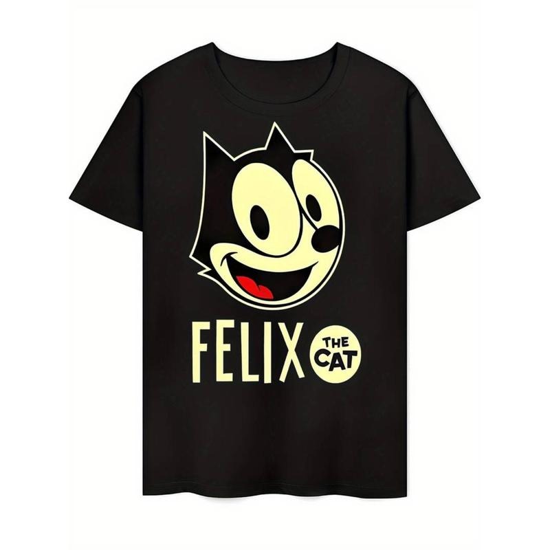 Unisex casual sport black T-shirt with bold yellow cat Felix pattern Gunpla brand text print - regular round neck,...