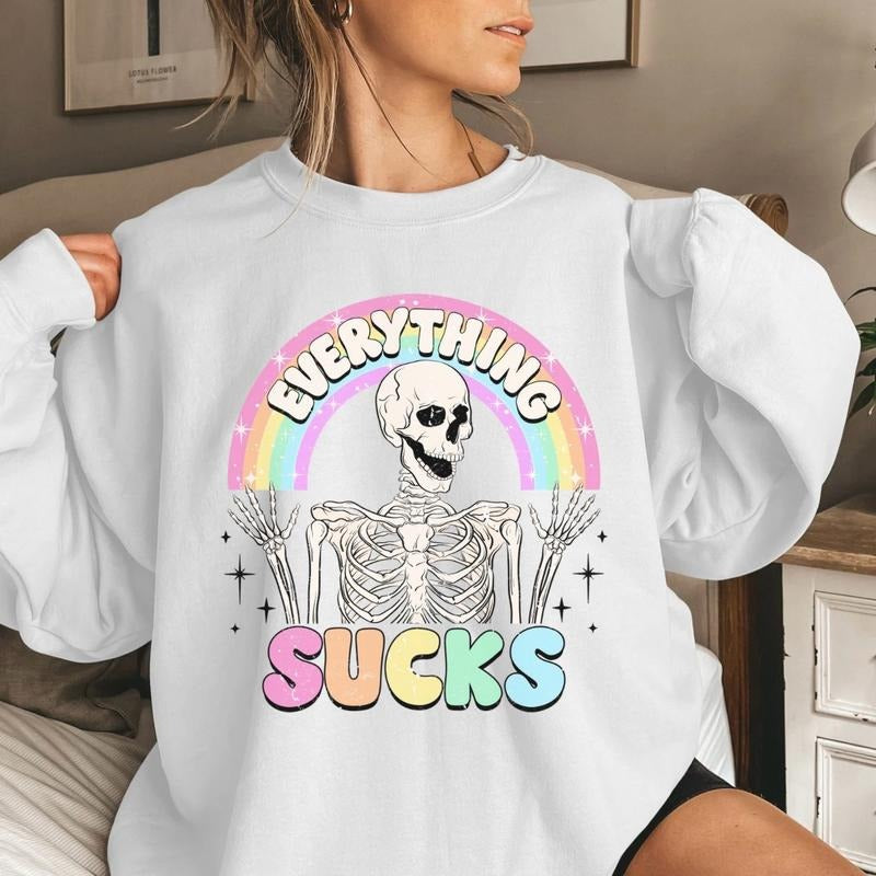 Unisex comfort colors gildan skeleton everything sucks funny short sleeve cotton polyester tshirt crewneck sweater Comfy Casual