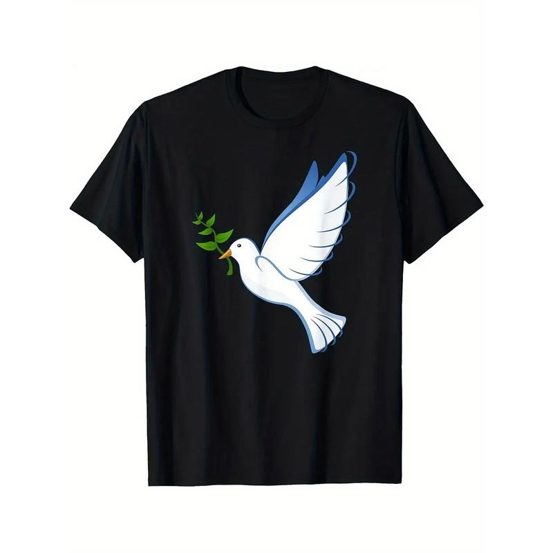 UnisexPeace Dove & Olive Branch Graphic T-Shirt for Men & Women - 100% Cotton FOG Breathable Regular Fit High Neck Casual Tee, Machine Washable Black Shirt with White & Blue Print - Holiday Gift Idea, Allseason Apparel, Crew Neck Tee style 02