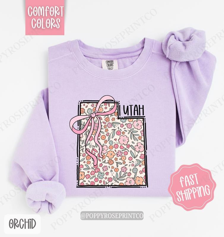Utah Floral Bow Comfort Colors Sweatshirt, Cute Trendy State Coquette Pullover