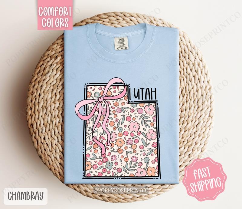 Utah Floral Bow Comfort Colors T-shirt, Cute Trendy Tee, State Coquette Oversized Top Hoodie, Sweatshirt | DripVista.com