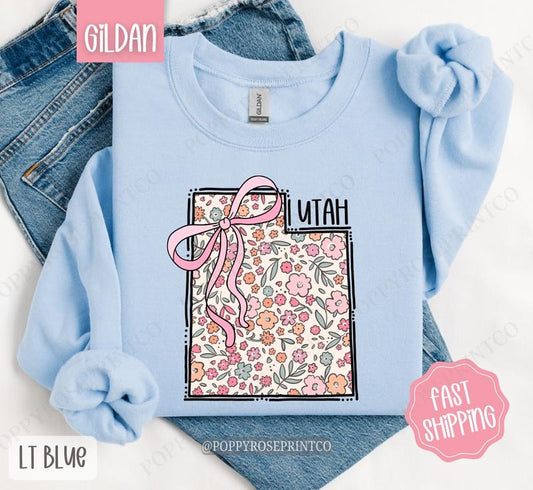 Utah Floral Bow Gildan Sweatshirt, Cute Trendy State Coquette Pullover