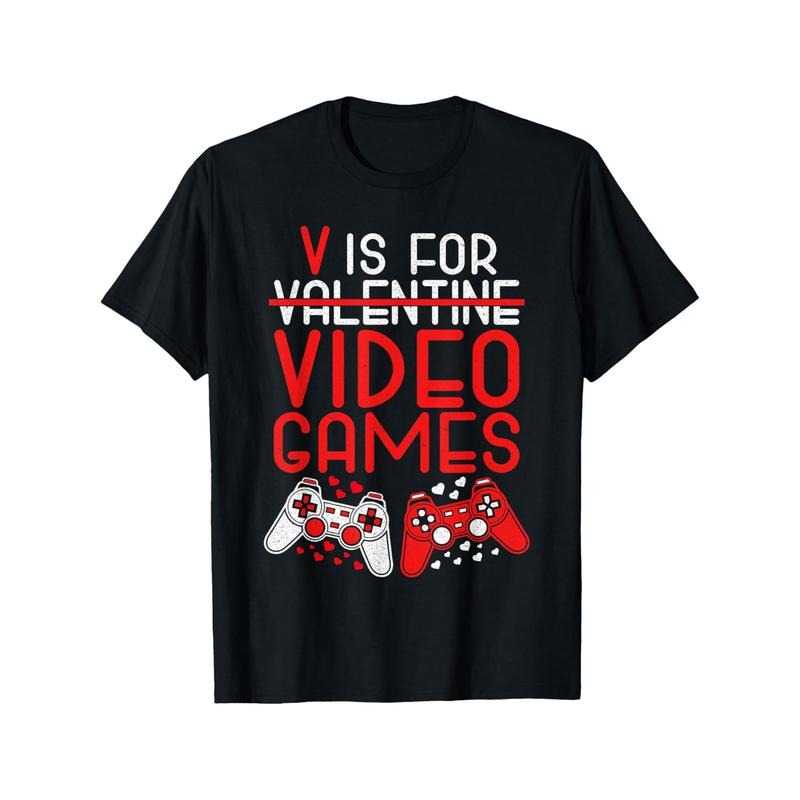 V Is For Video Games Men T-Shirts, Funny Valentines Day Novelty Graphic Printed Tee, Short Sleeve Boys Valentine'S Day...