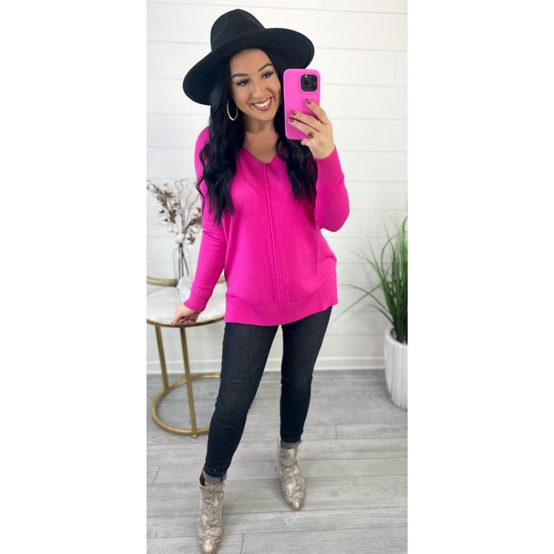 V-Neck Front Seam Sweater in Neon Hot Pink
