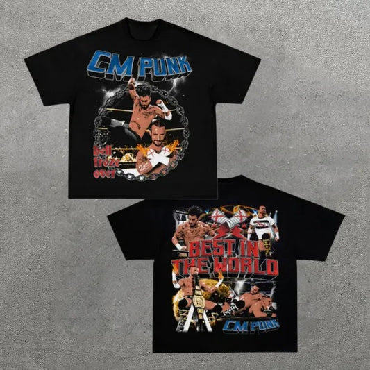 VINTAGE TEE | CM PUNK, Double Sided Prints Vintage T-Shirt, Wrestler Shirt, WWE Shirt, Y2k Shirt, Vintage Graphic Tee, Unisex T-Shirt, Gift For Him, Adult Casual Cotton Crewneck Short Sleeve Shirt Top Menswear