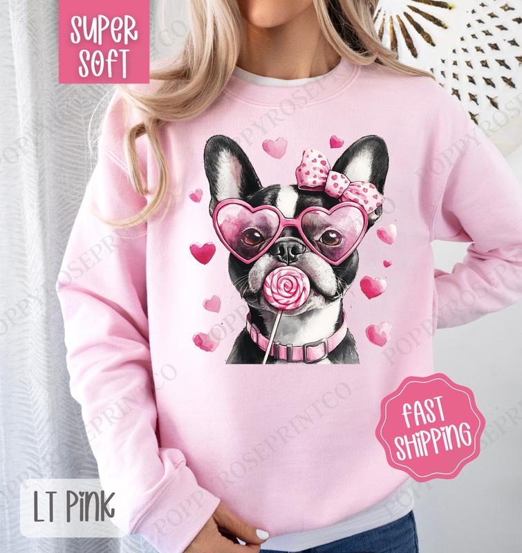 Valentine Boston Terrier Sweatshirt, Valentine's Day Crewneck, Cute Women's Sweater T-Shirts, Hoodie | DripVista.com