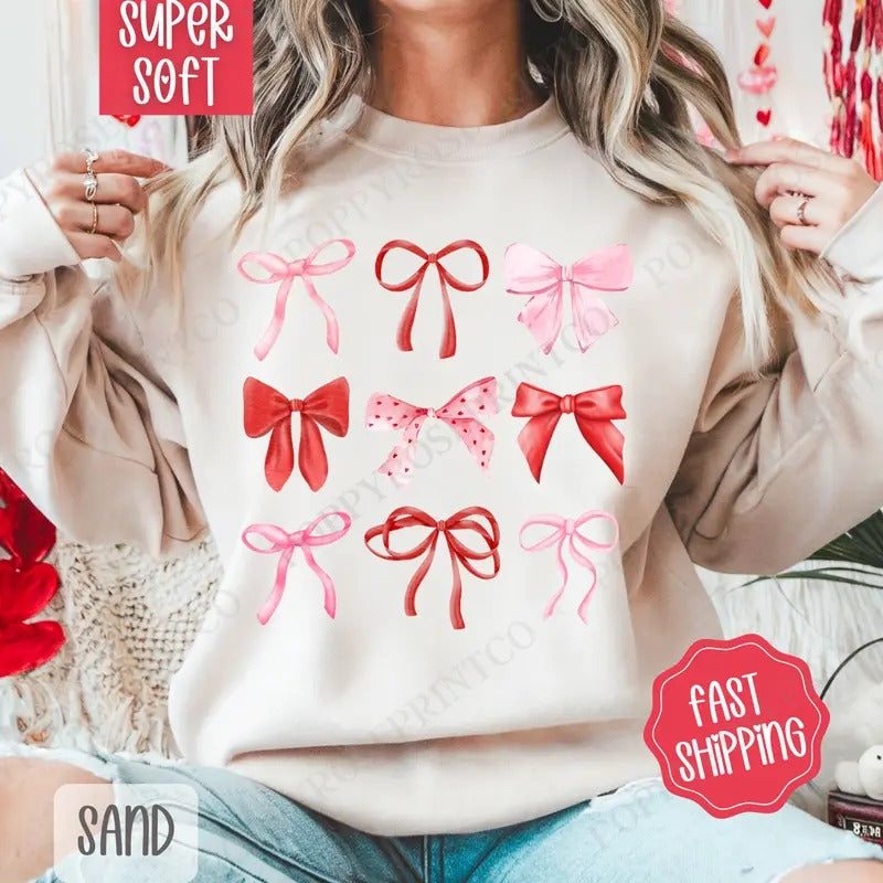 Valentine Bows Sweatshirt, Valentine's Day Crewneck, Holiday Women's Sweater valentine day T-Shirts, Hoodie | DripVista.com