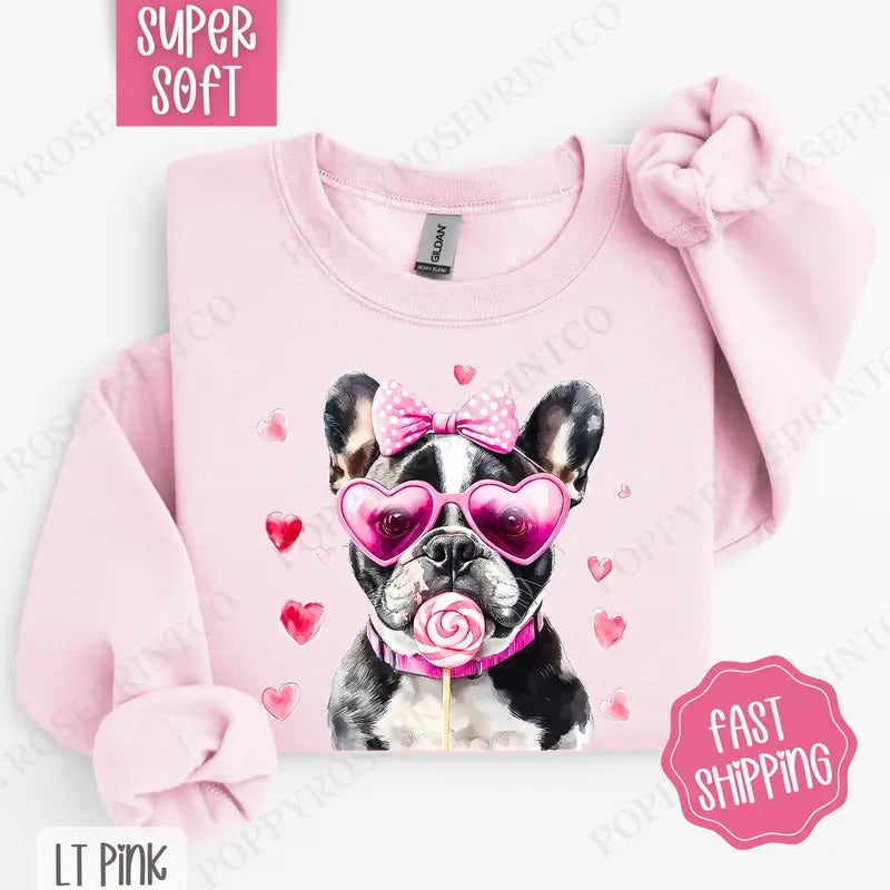 Valentine Frenchie Sweatshirt, Valentine's Day Crewneck, Cute Women's Sweater T-Shirts, Hoodie | DripVista.com