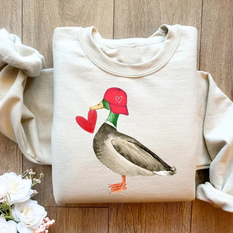 Valentine Mallard Duck Sweatshirt, Cute Valentine Shirt For Women, Funny Animals Valentine Sweatshirt, Duck Valentine's...