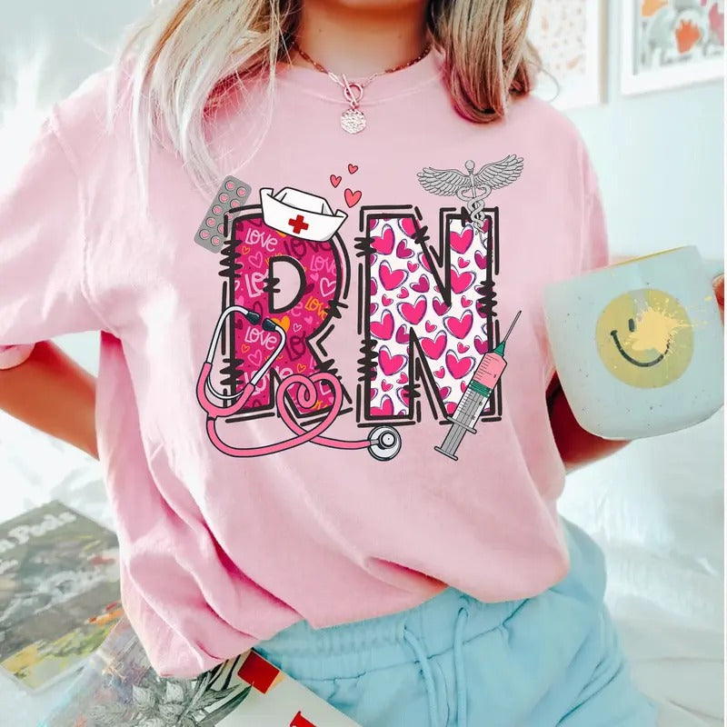 Valentine RN T-shirt, Cute Registered Nurse Shirt, Gift for Nurse, Student Nursing Tee Hoodie, Sweatshirt | DripVista.com