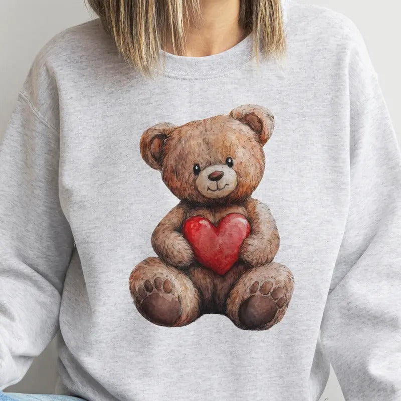 Valentine Teddy Bear Pullover Sweet Bear Red Heart Valentine Sweatshirt Love Bear Pullover Womens Casual Heart Pullover...