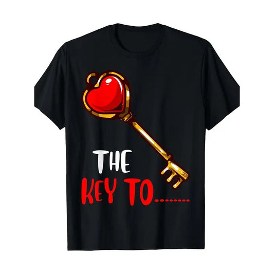 Valentine's Day 'Key to Your Heart' Couples T-Shirt - 100% Cotton, Casual Crew Neck Tee with Geometric Design, Machine Washable, Valentine's Day T-Shirts made in usa