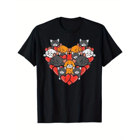 Valentine's Day Heart & Cats Print T-Shirt - 100% Cotton, Breathable & Comfortable, Casual Round Neck Short Sleeve Tee for Men and Women, Perfect Gift, Sizes S-XXXL made in usa