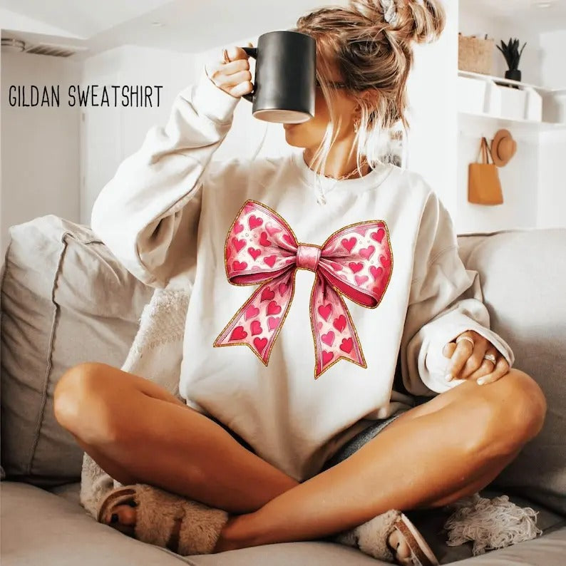 Valentine's day Heart Coquette bow Sweatshirt Valentines day Bow , Coquette Bow T-Shirts, Hoodie | DripVista.com