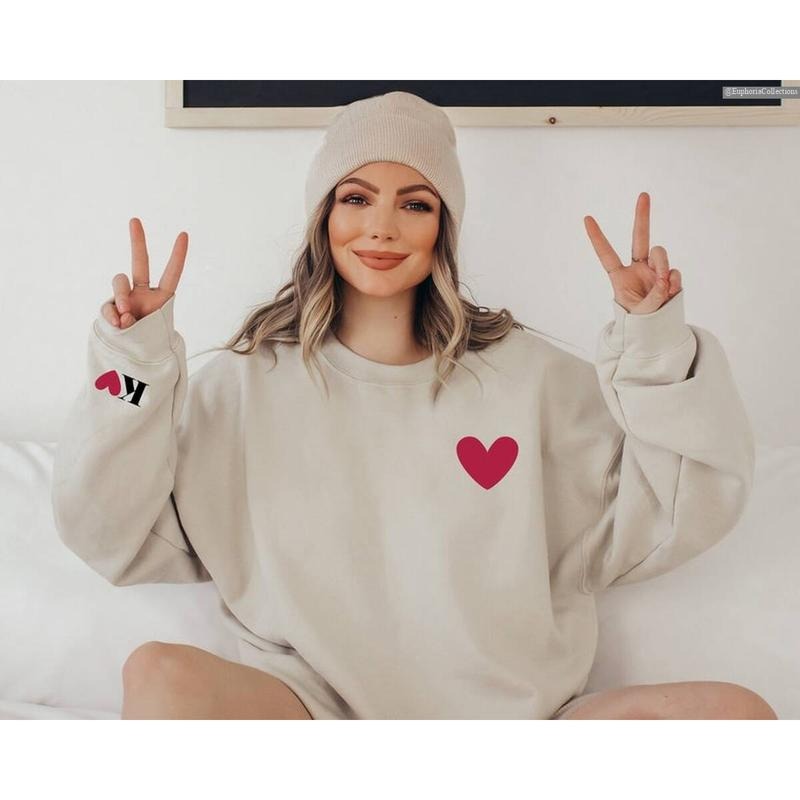 Valentines Custom Initial Heart Sweatshirt Hoodie T-Shirt, Letter on Sleeve Love Day Sweater Gift, Couple Family Group Matching , Global Trending Outfits