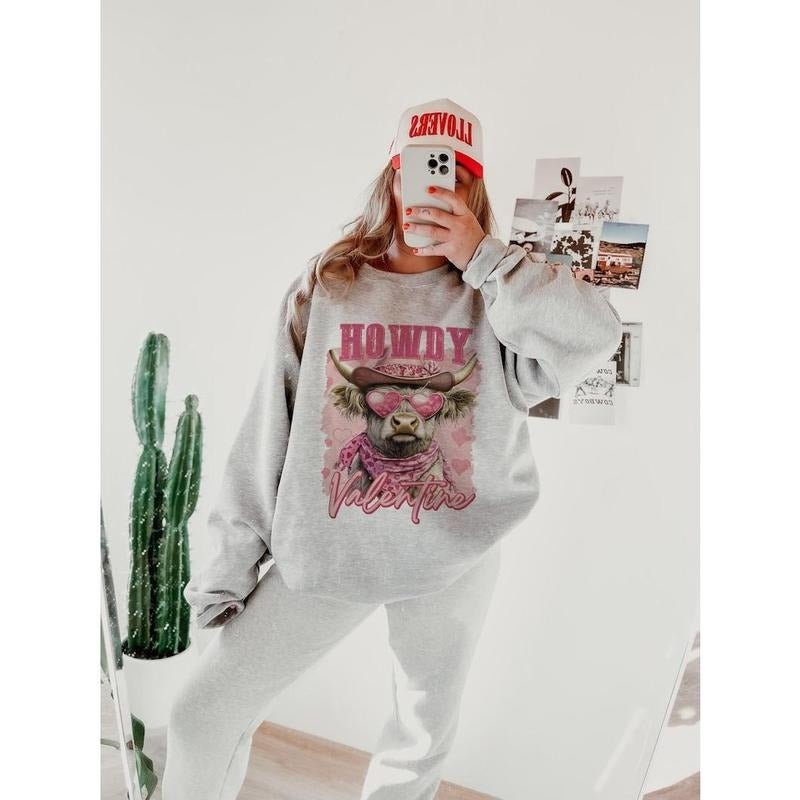 Valentines Highland Cow | Howdy Coquette Sweatshirt | Valentine Bow Crewneck T-Shirts, Hoodie | DripVista.com
