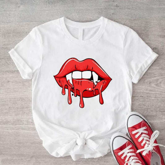Vampire Lips Shirt, Trendy Vampire Fangs Shirt, Vampire Fan Gift Tee For Woman, Halloween Party T-Shirt, Lips Shirt For Mom.