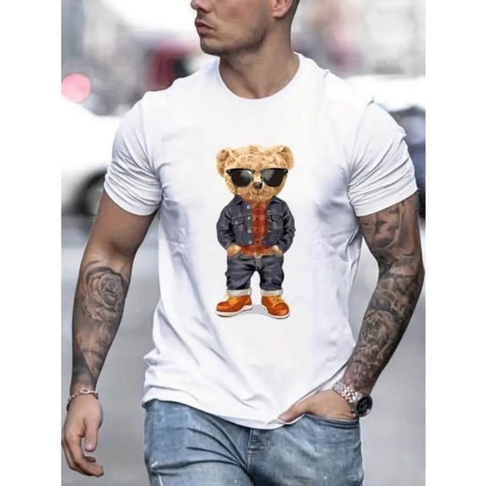Versatile Cartoon Bear Men's T-Shirt - Easy-Care, Durable, Stretch Fabric Tee, Ideal for All Seasons Made In USA