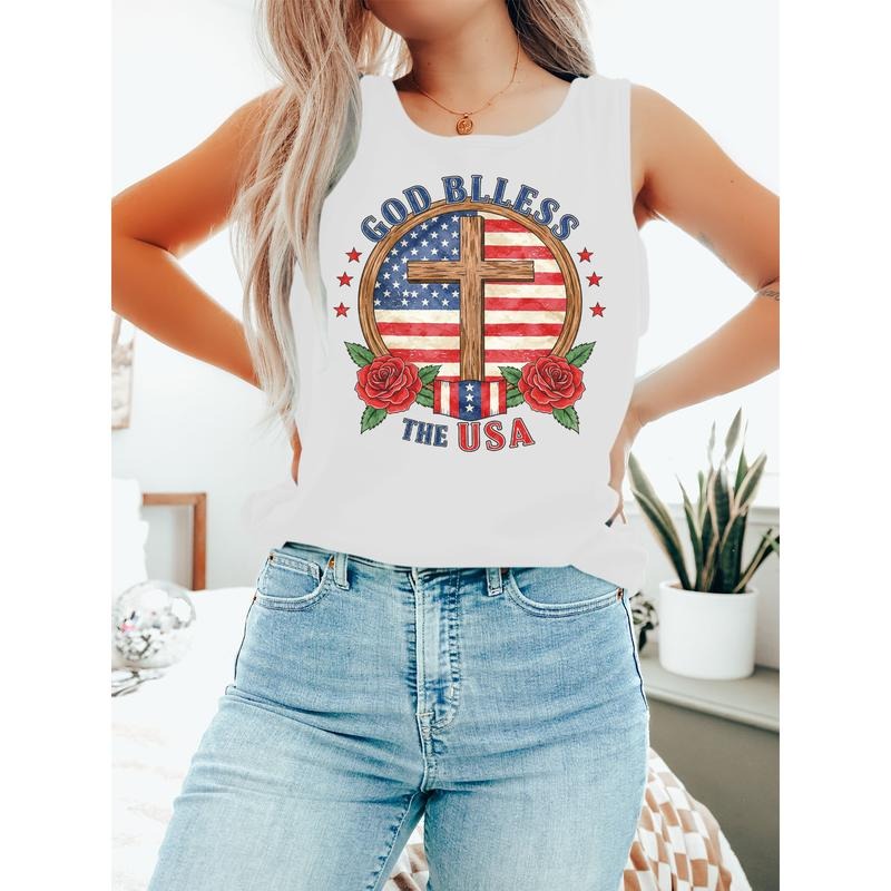 Vest with American Flag, Cross & Rose Motifs: FOG Bless TNF USA T-Shirts, Hoodie, Sweatshirt | DripVista.com