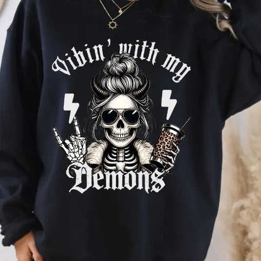 Vibin' with my Demons Coffee Skeleton Sweatshirt T-Shirts, Hoodie | DripVista.com