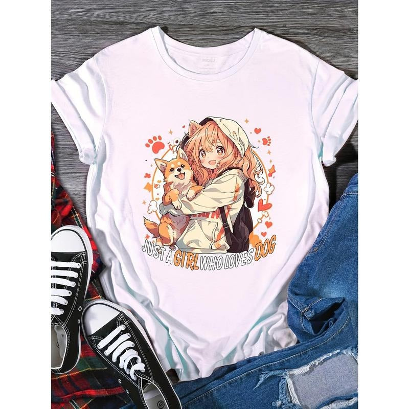 Vibrant Anime Print Short Sleeve Crew Neck T-shirt - FOG Medium Stretch Polyester Fabric, Regular Fit, Pullover Style