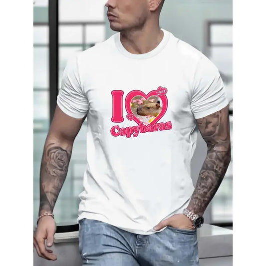 Vibrant Capybara Graphic Tee - Casual Short Sleeve Crew Neck Top with Modern Streetwear Style, Summer Fashion Essential for Men Made in USA