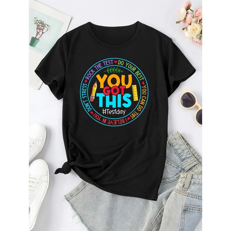 Vibrant Circle & Slogan Print Comfy T-Shirt - FOG Round Neck, Short Sleeve, Breathable, Moisture-Wicking, Womens...