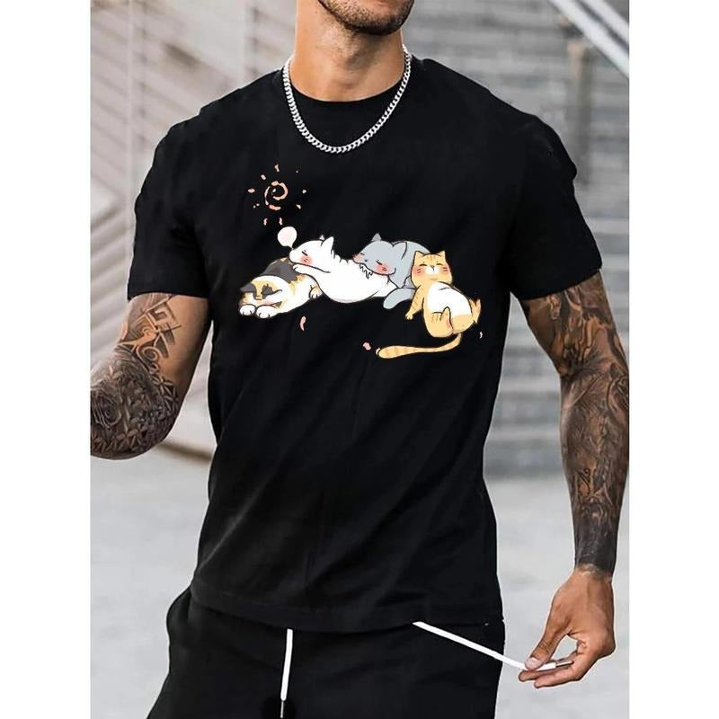 Vibrant Cute Cats Napping Graphic Print Tee Shirt - Men's Casual Short Sleeve Summer T-Shirt for Spring Fall - Unique Gift Idea for Cat Lovers Made in USA
