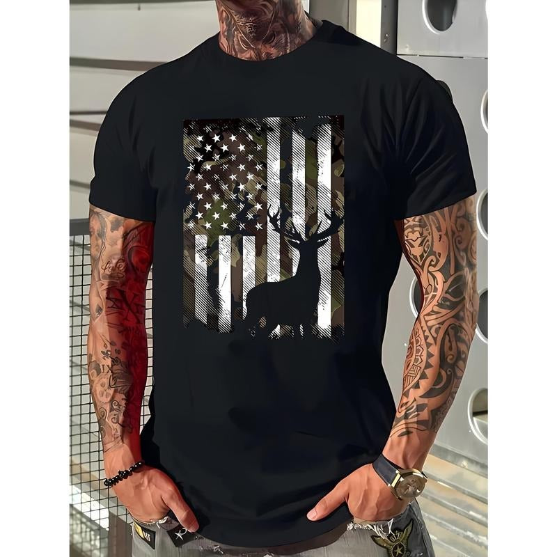 Vibrant Deer Silhouette American Flag Graphic Tee - Comfy Crew Neck, Short Sleeve, Casual Fit, Summer Essential, Graphic Print, Men's Fashion T-Shirt Made in USA