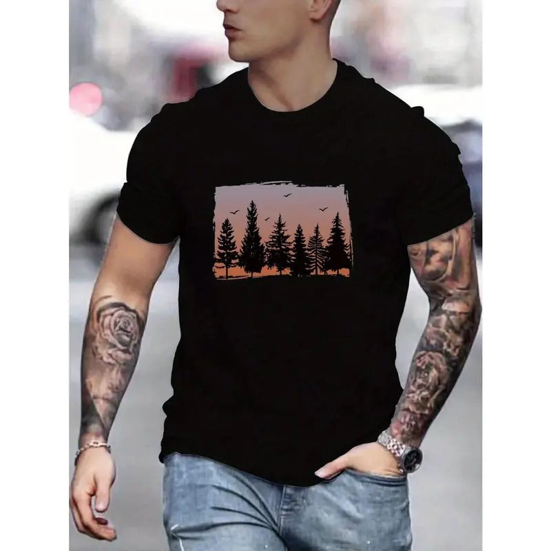 Vibrant Forest Sunset Graphic Tee - Soft, Breathable, Relaxed Fit Mens Summer T-Shirt - Stylish Print, Casual Outfit, Perfect for Outdoor Activities Made in USA