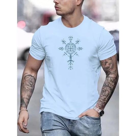 Vibrant Geometric Tee - Soft 100% Cotton, Comfortable Casual Short Sleeve, Summer Essential, Round Creative Design Print, Men's Fashion T-shirt Made in USA