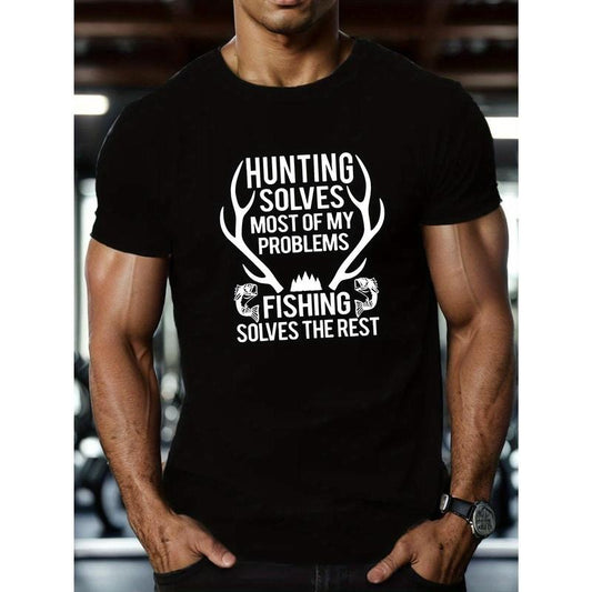Vibrant Hunting & Fishing Graphic Tee - Men's Casual T-Shirt - Breathable, Quick-Drying, Soft Cotton Fabric, Short Sleeve, Round Neck, Summer Essential for Outdoor Enthusiasts Made in USA