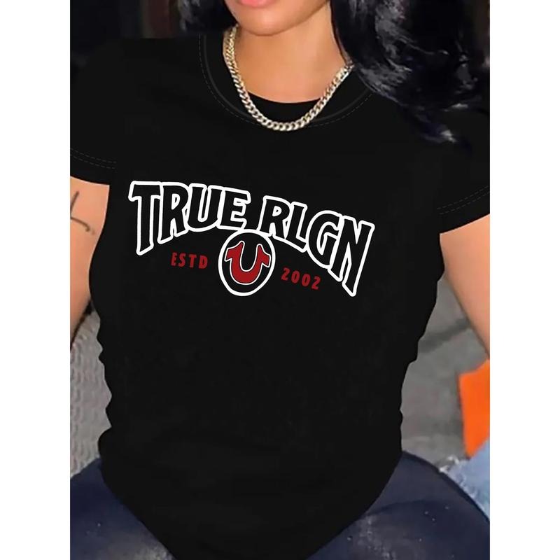 Vibrant Letter Print Crew Neck T-Shirt - FOG, Breathable, Casual Short Sleeve Tee for Spring & Summer