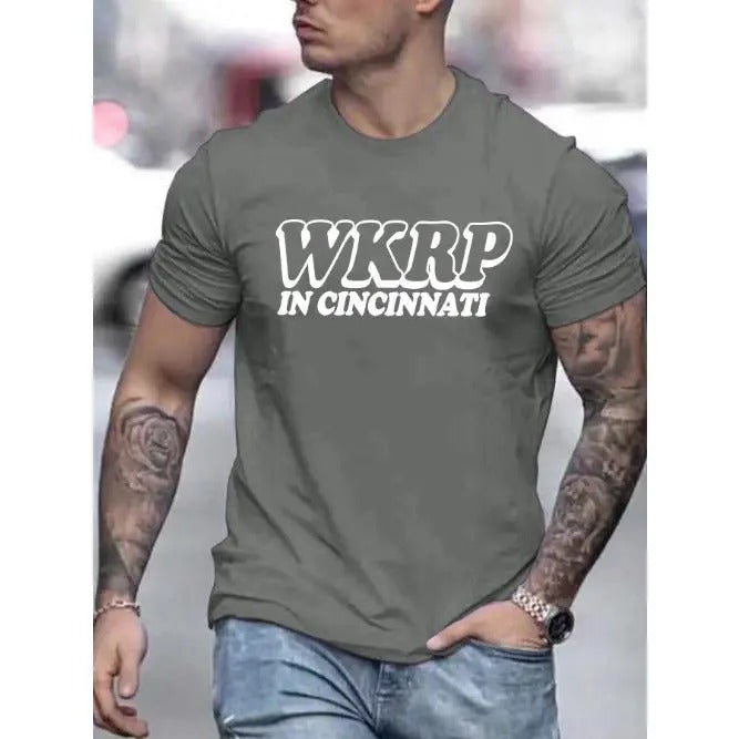 Vibrant Wkrp Print Tee - Classic Round Crew Neck, Short Sleeve, Simple Style, Regular Fit, Comfy Fashion T-Shirt for...