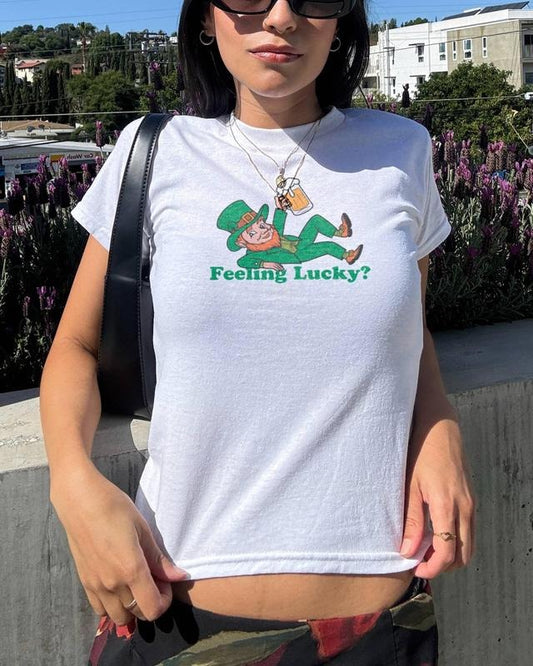 Victoria Maxwell, Leprechaun Baby Tee, St Patrick's Day Feeling Lucky Crop Top, Luck of the Irish Trendy Retro, St Paddy's Day Y2K Shirt, Summer Graphic Casual Top