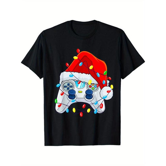Video Game Controller Christmas Santa Hat Gamer Boys T-Shirt Black casual short sleeve men's sport T-shirt 220g made in usa