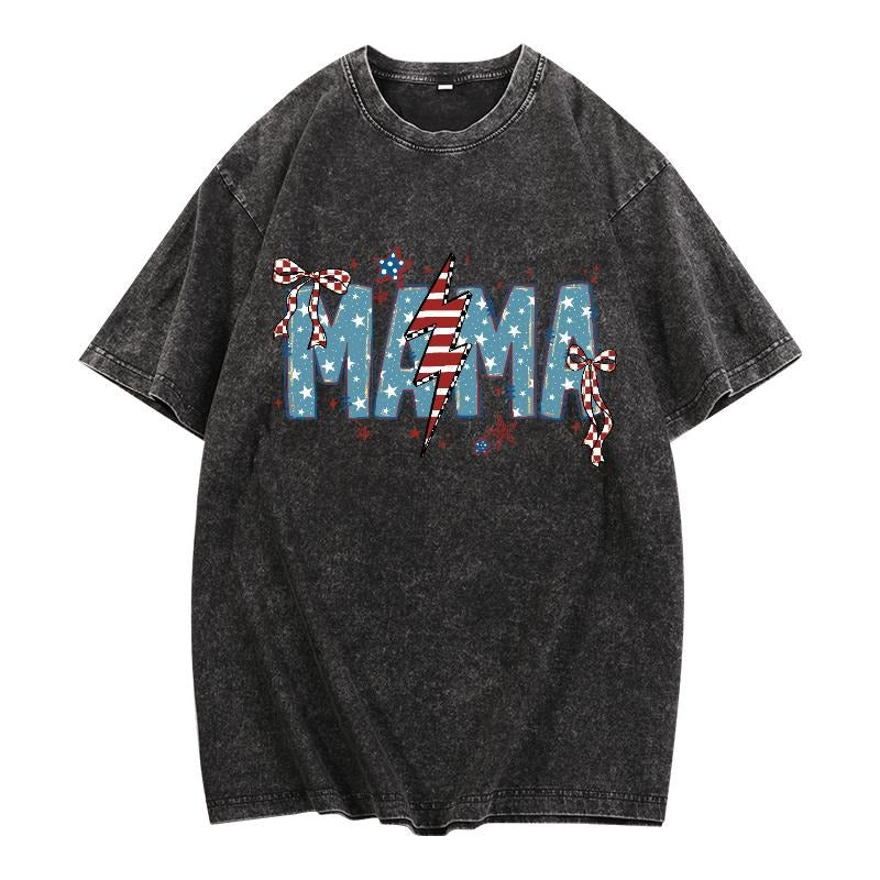 Vintage - Washed Tee Showcasing "MAMA" Red plumber brand WB shield Stylish, Patriotic Font