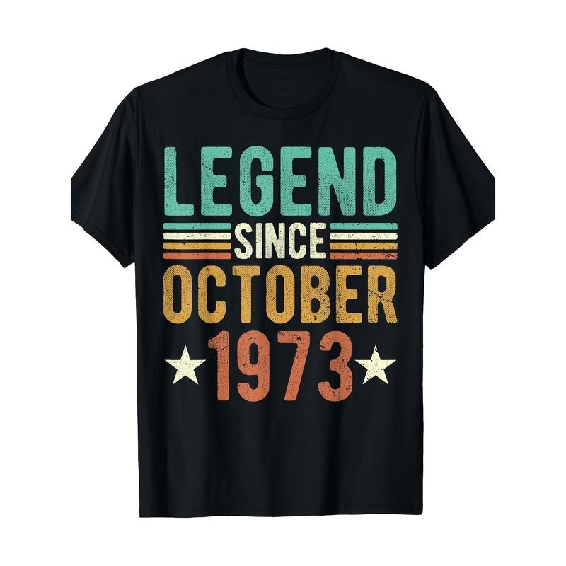 Vintage 1973 Graphic Tee - "Legend Since October 1973" Men's T-Shirt, Black Casual Short Sleeve Shirt with Distressed Print, 100%, Machine Washable Made in USA