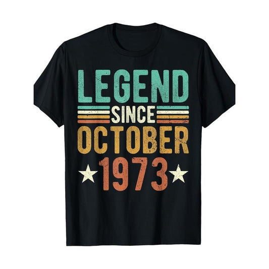 Vintage 1973 Graphic Tee - "Legend Since October 1973" Men's T-Shirt, Black Casual Short Sleeve Shirt with Distressed Print, 100%, Machine Washable Made in USA