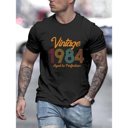 Vintage 1984 Graphic Print Crew Neck T-Shirt - Men's Casual Short Sleeve Summer Top - Retro-Inspired Comfortable Clothing for Men Made in USA