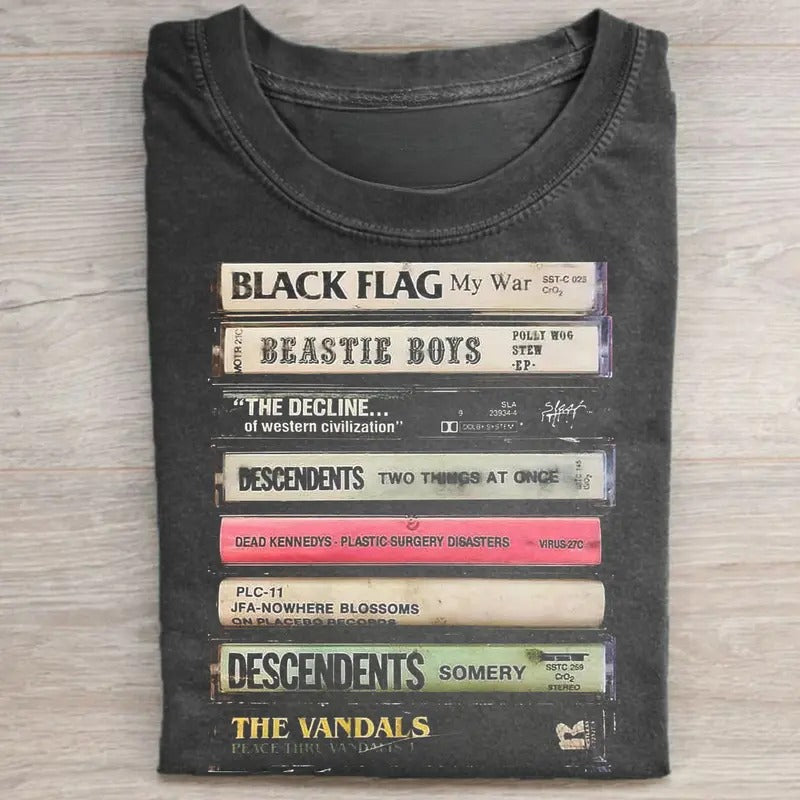 Vintage 80s Rock Cassette Tapes Graphic Tee - Black Flag, The Vandals, Descendents Merch, Rock Band Tee - Hip-hop Graphic...