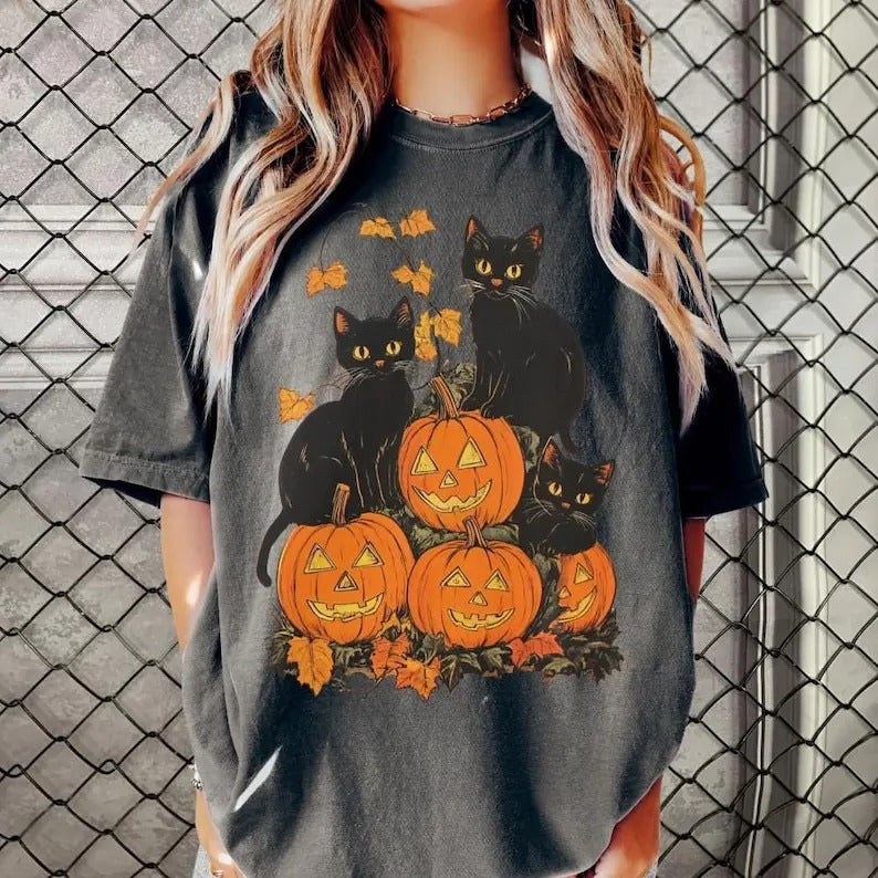 Vintage 90s Black Cat Halloween Shirt, Retro Halloween Shirt, Spooky Season Tee, Pumpkin Shirt, Halloween Shirt, Vintage Halloween TShirt